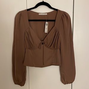 A&F Long-Sleeve Satin Ruched Tie-Front Top NWT